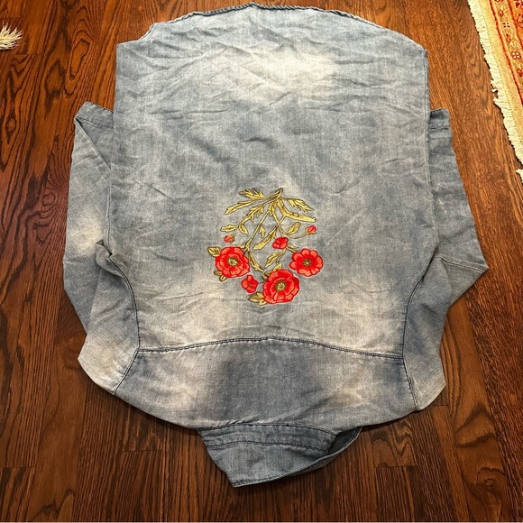 En Crème Embroidered Chambray Tunic Dress Boho Floral Denim Shirt Women L - Picture 11 of 14